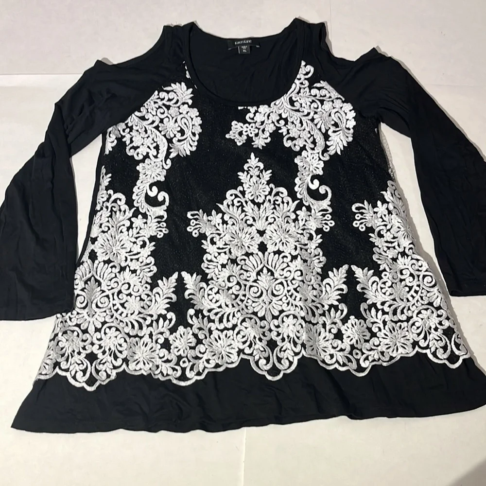 Karen Kane embroidered cold shoulder long sleeve blouse shirt top sz XL black - Picture 2 of 8